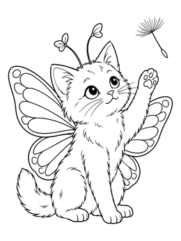 A fairy coloring page of a winged kitten reaching toward a floating dandelion seed.