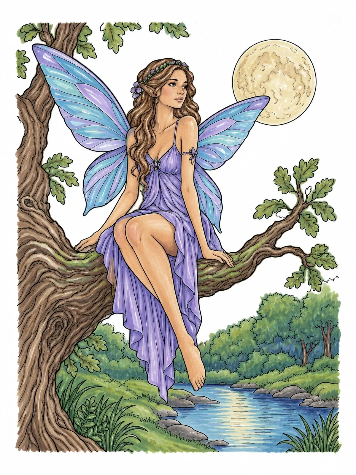 Colored example of the Fairy Maiden On Oak Branch coloring page