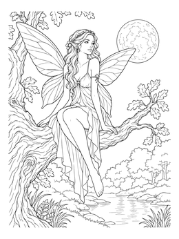 A graceful fairy maiden rests on a branch under the moon in this fairy coloring page.