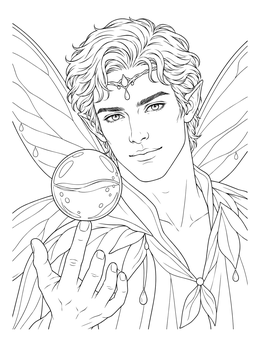 An elf-eared man balances a water orb in this fairy coloring page.