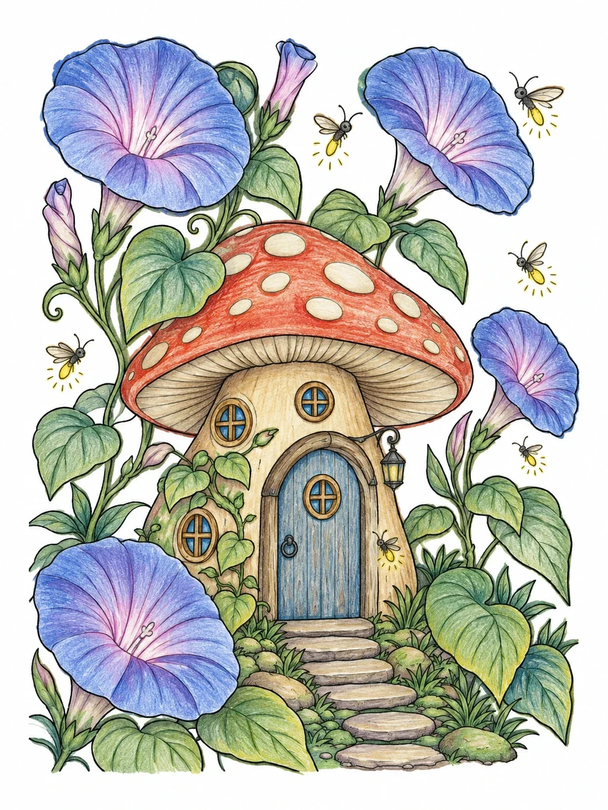 Colored example of the Fairy Mushroom House With Morning Glories coloring page