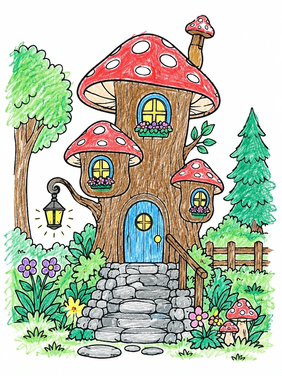 Colored example of the Fairy Mushroom Treehouse With Garden coloring page