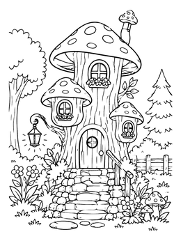Free printable Fairy Mushroom Treehouse With Garden coloring page