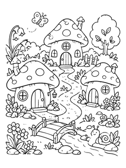 Free printable Fairy Mushroom Village Path coloring page