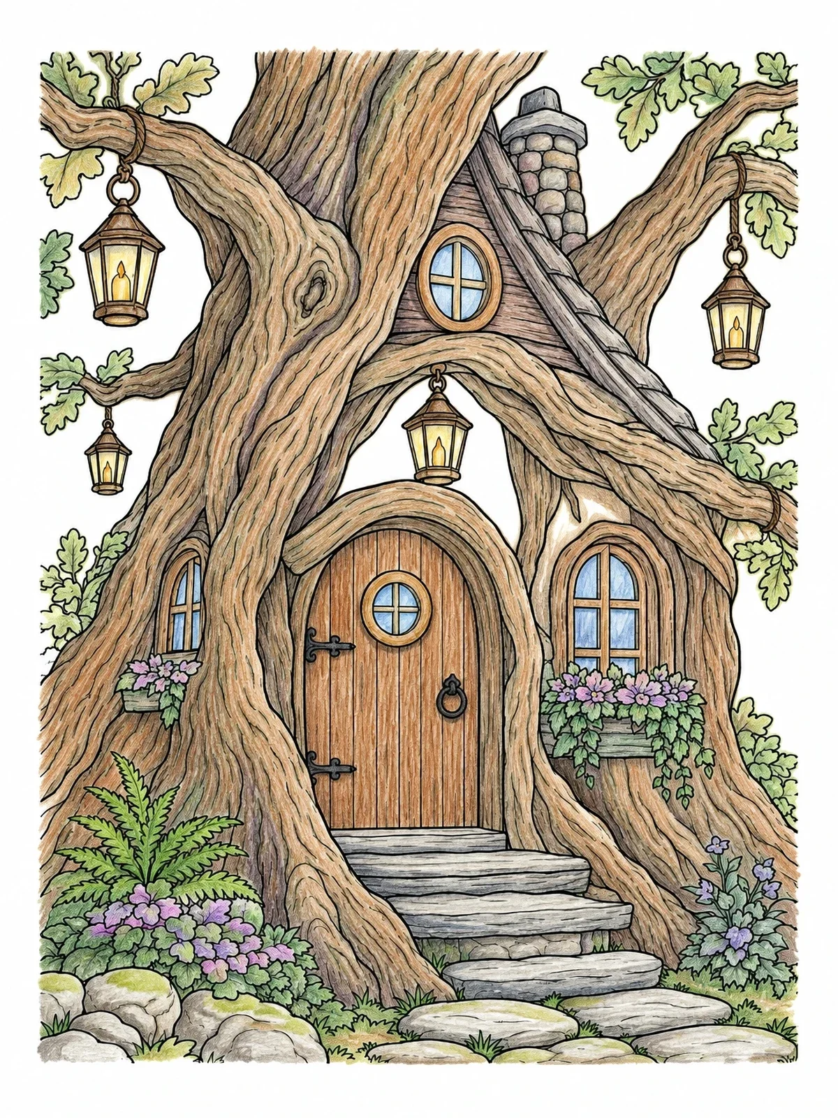 Colored example of the Fairy Oak Tree Cottage coloring page
