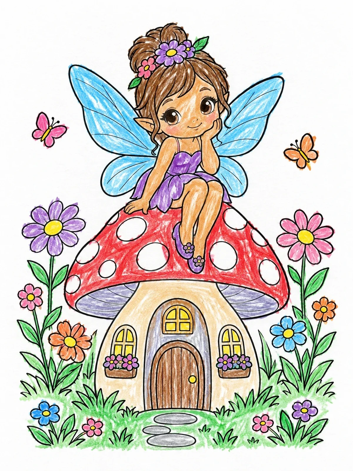Colored example of the Fairy On Mushroom House coloring page