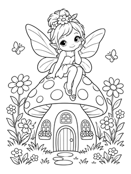 A cute fairy coloring page with a sweet pixie sitting on top of a mushroom house in a garden.