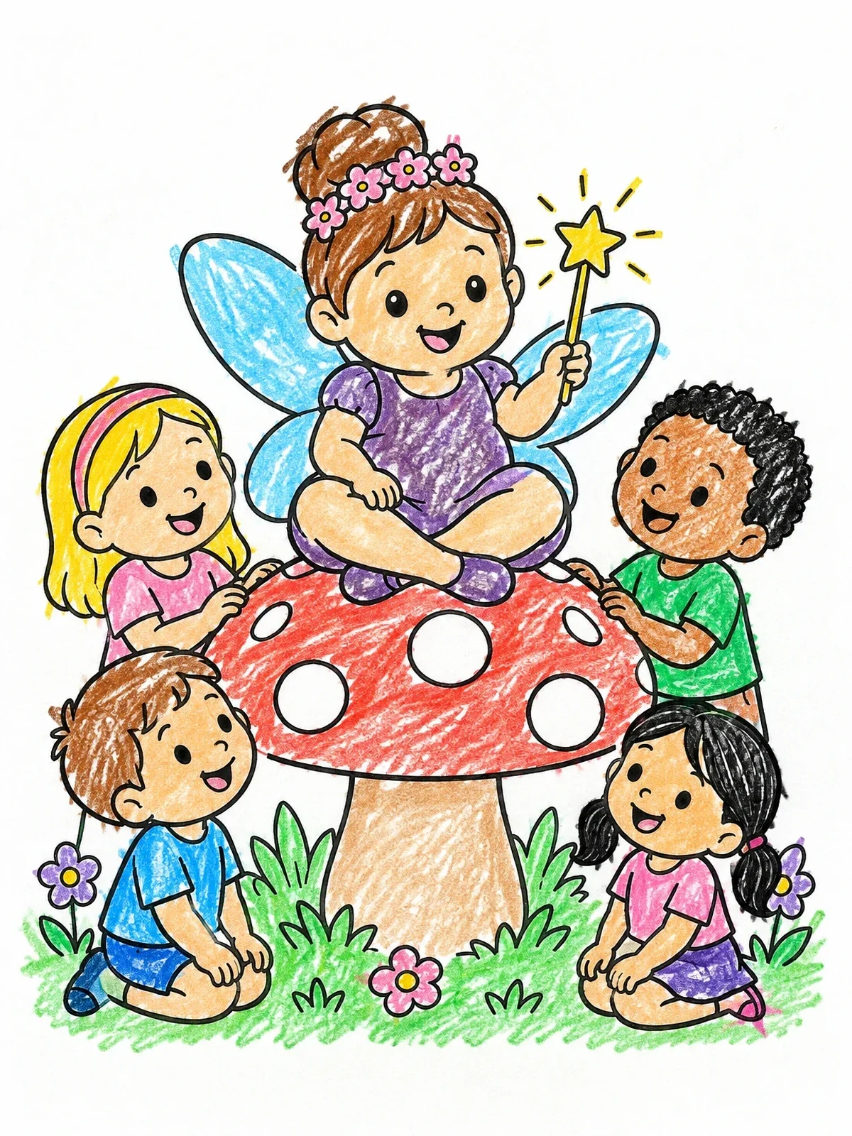 Colored example of the Fairy On Mushroom With Cheerful Children coloring page