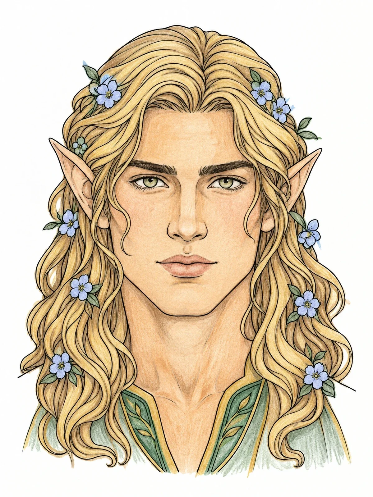 Colored example of the Fairytale Elf Prince With Flowers coloring page