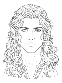 An elven fairy coloring page showing a handsome portrait adorned with small floral blossoms.