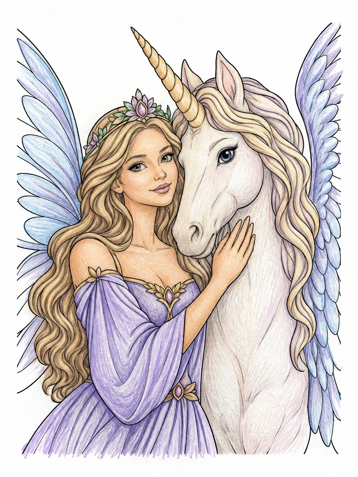 Colored example of the Fairy Princess With Winged Pegacorn coloring page