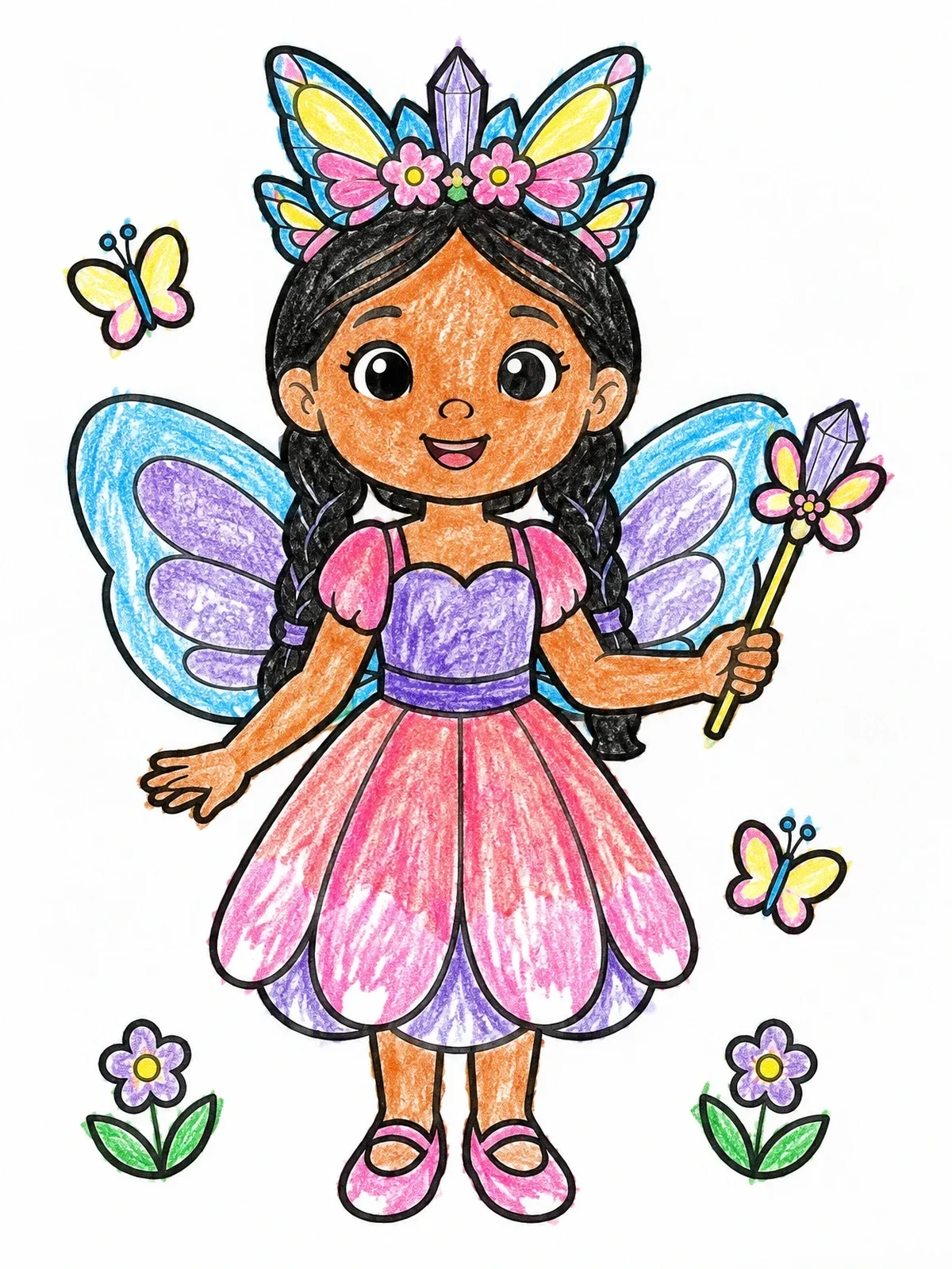 Colored example of the Fairy Princess With Butterfly Crown coloring page