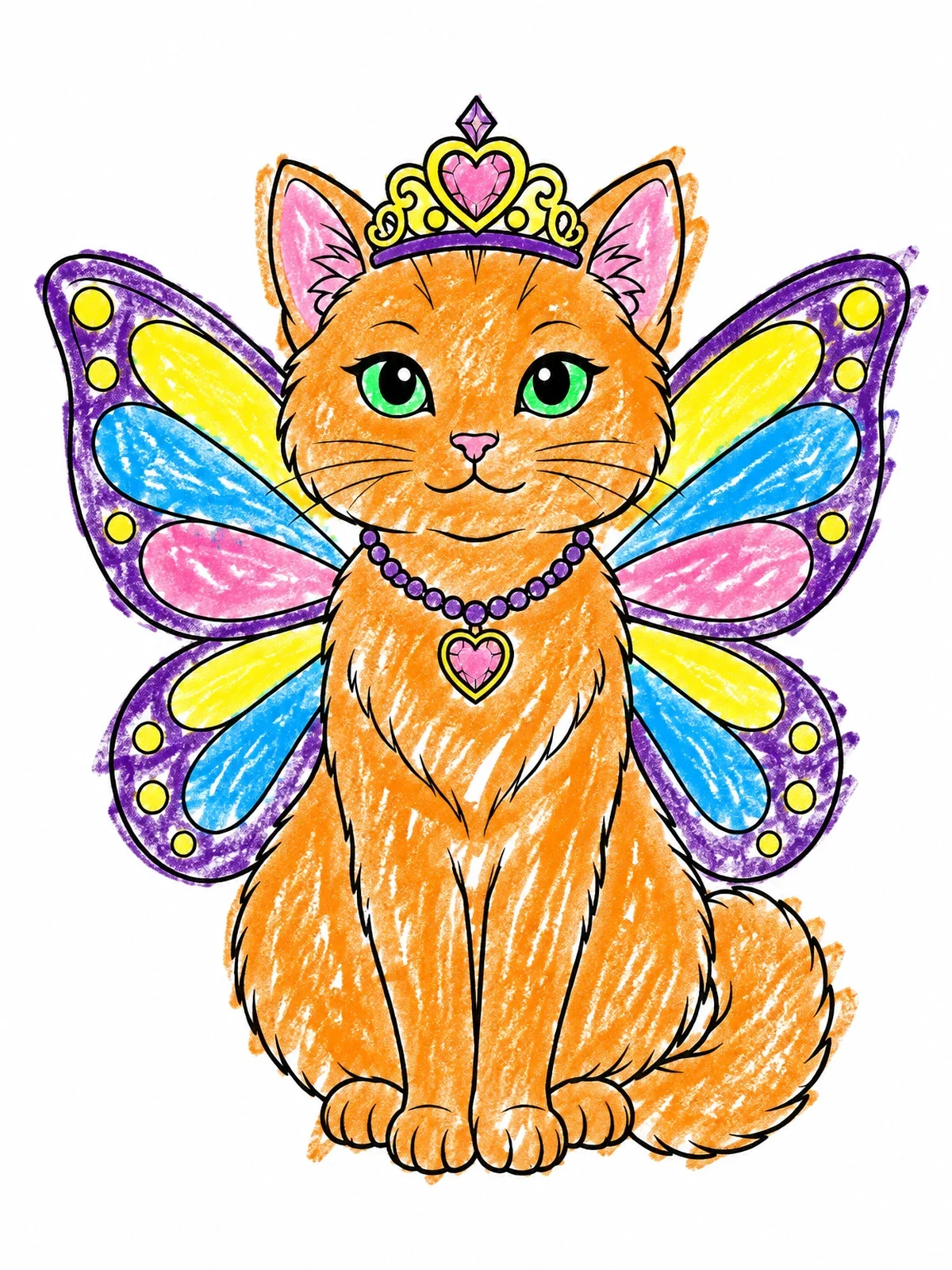 Colored example of the Fairy Princess Cat With Butterfly Wings coloring page