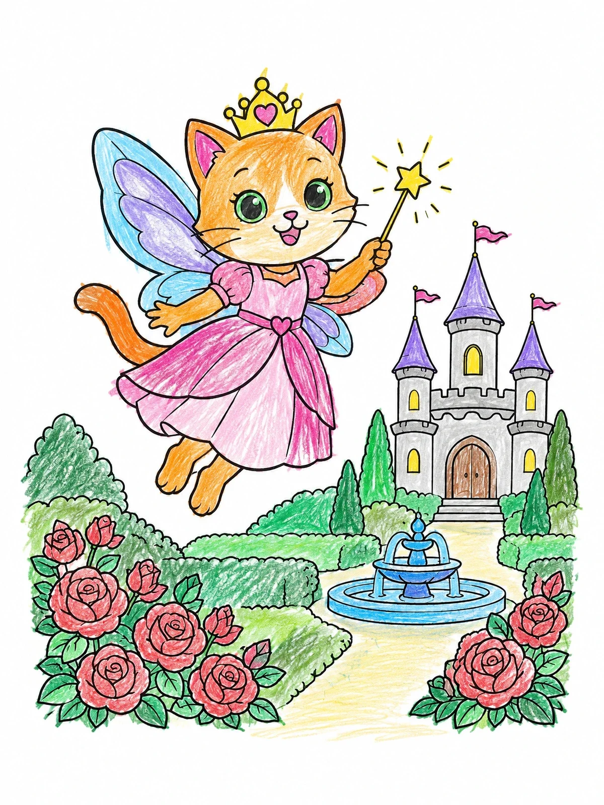 Colored example of the Fairy Princess Cat In Castle Garden coloring page