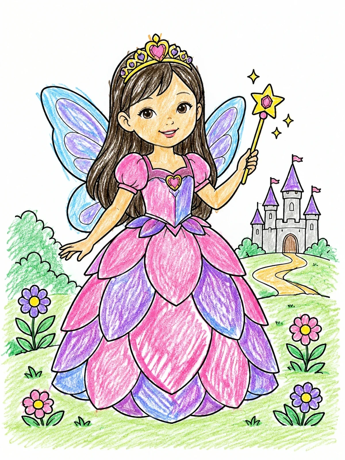 Colored example of the Fairy Princess In Petal Gown coloring page