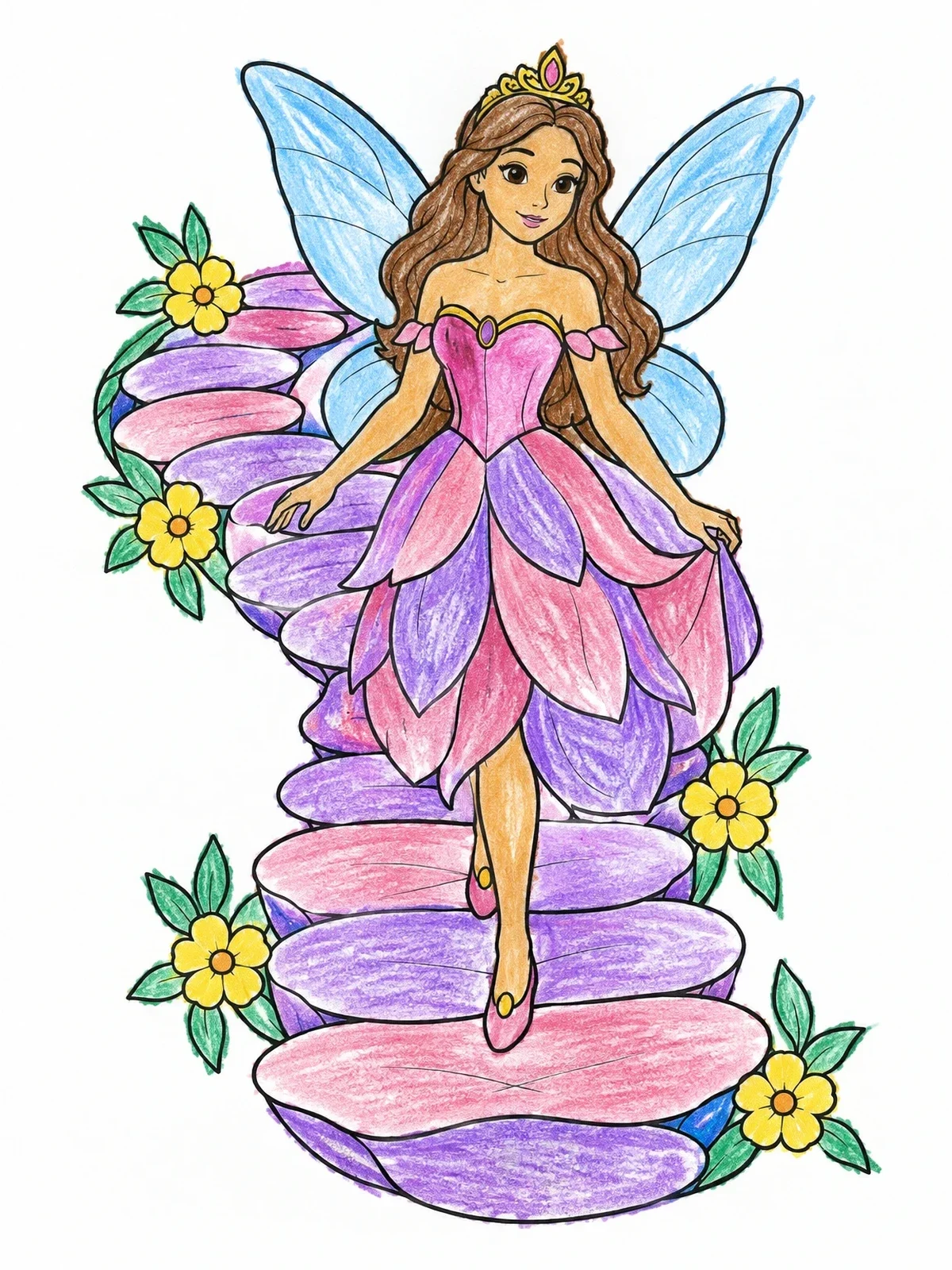 Colored example of the Fairy Princess On Petal Stairs coloring page