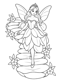 A fairy coloring page of an elegant winged princess walking down large petal steps.