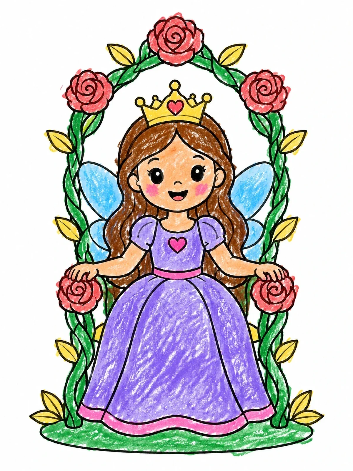 Colored example of the Fairy Princess On Rose Throne coloring page