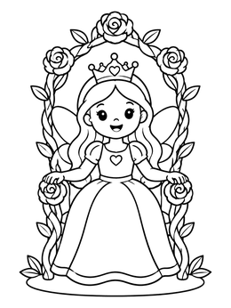A cheerful fairy princess on a rose throne features in this fairy coloring page.