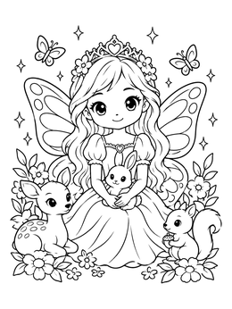 A cute fairy princess coloring page with butterfly wings, woodland animals, and flowers.