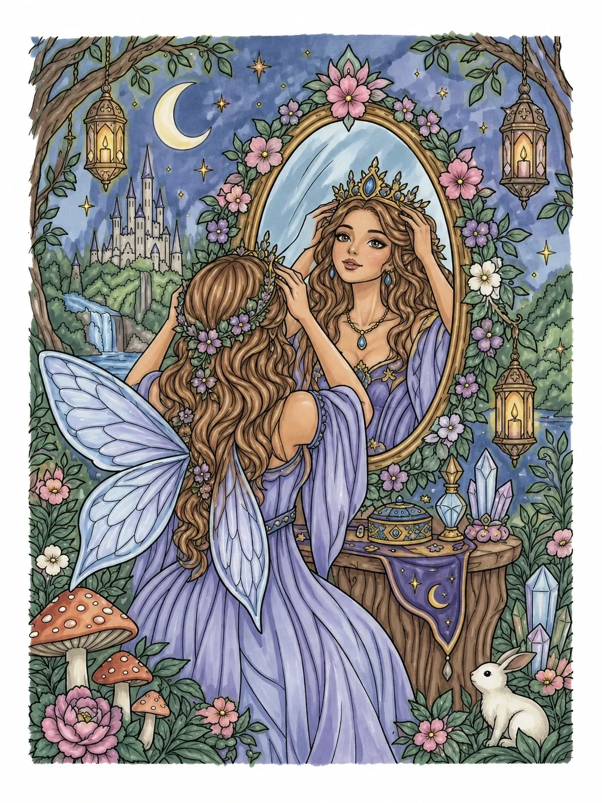 Colored example of the Fairy Queen At The Mirror coloring page