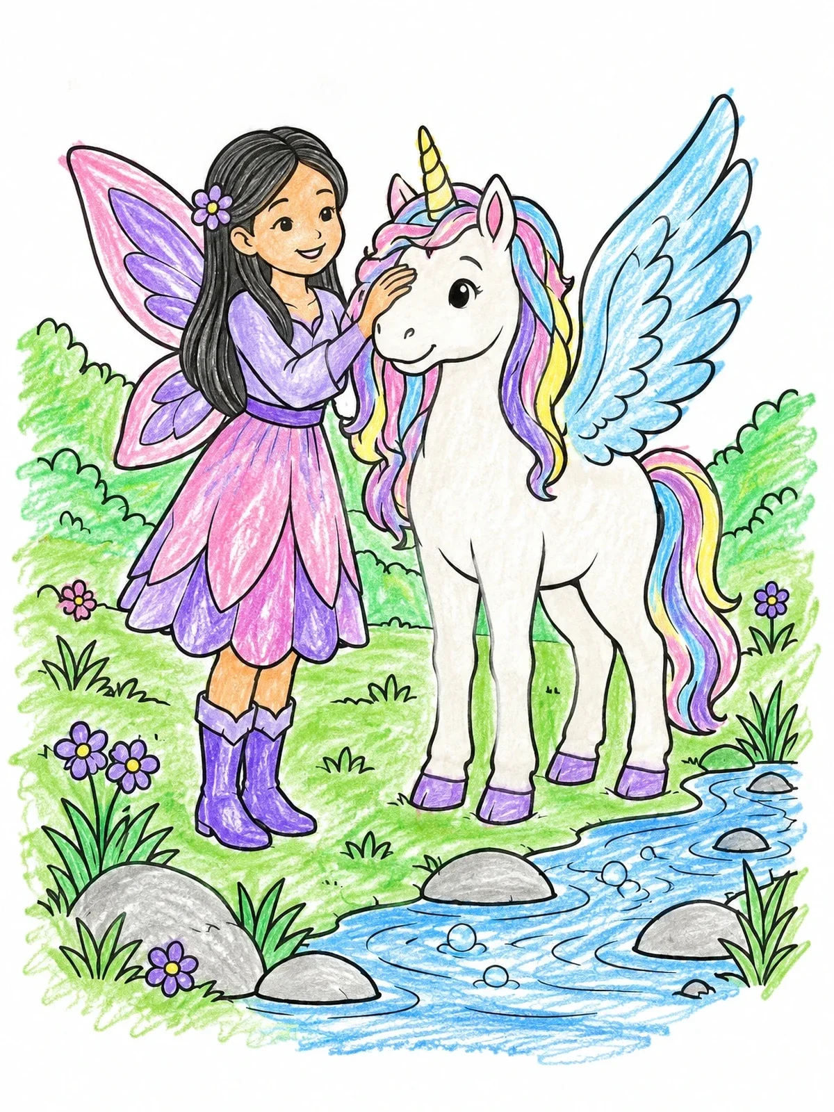 Colored example of the Fairy Stroking A Winged Unicorn coloring page