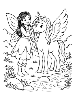 A sweet fairy coloring page with a young fairy petting a winged unicorn near a stream.