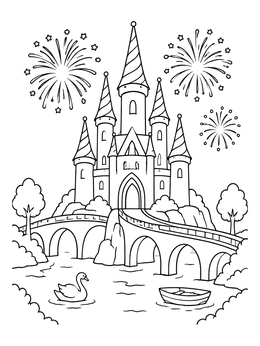 Free printable Fairy Tale Castle With Fireworks coloring page
