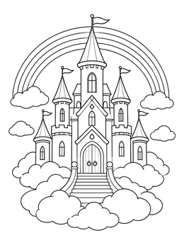 A fairytale castle coloring page with soaring towers, fluffy clouds, and a rainbow arching overhead.