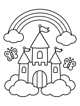 Free printable Fairy Tale Cloud Castle With Rainbow coloring page