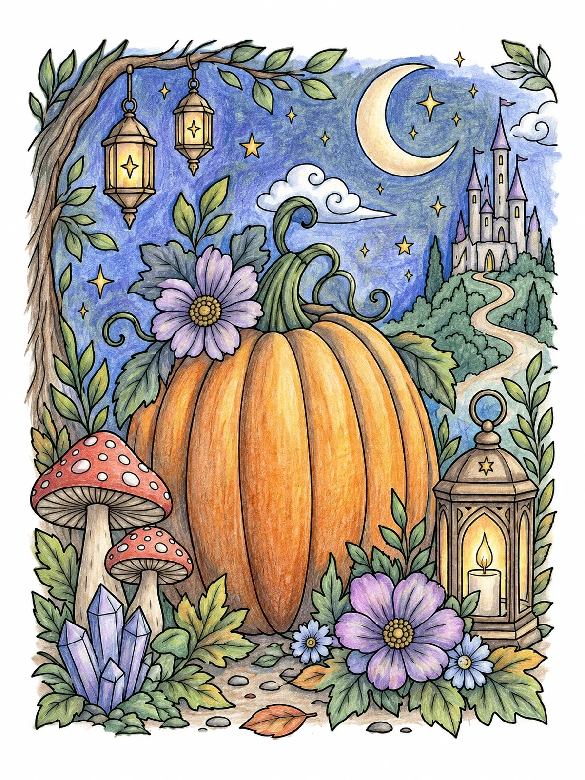 Colored example of the Fairy Tale Pumpkin By Moonlit Castle coloring page