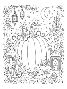 A magical pumpkin coloring page surrounded by mushrooms, lanterns, and a distant fairy tale castle under the crescent moon.