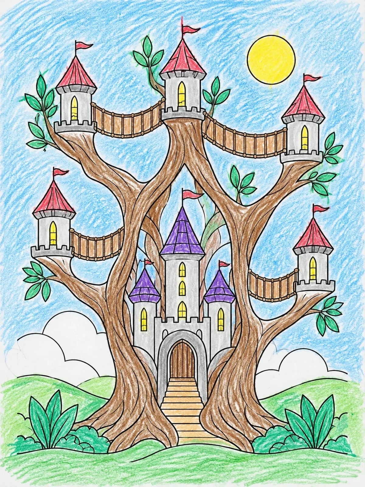 Colored example of the Fairy Tale Treehouse Castle coloring page