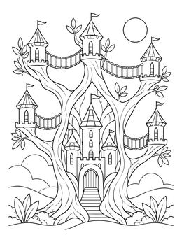 A whimsical fantasy castle coloring page set within large tree branches connected by bridges.
