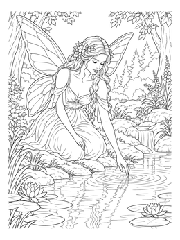 A serene fairy coloring page showing a winged maiden touching clear water ripples in a forest.