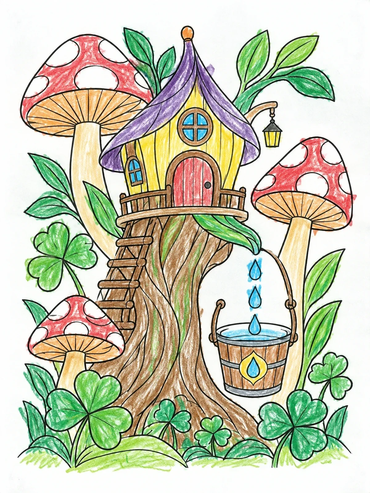 Colored example of the Fairy Tree House With Dew Bucket coloring page