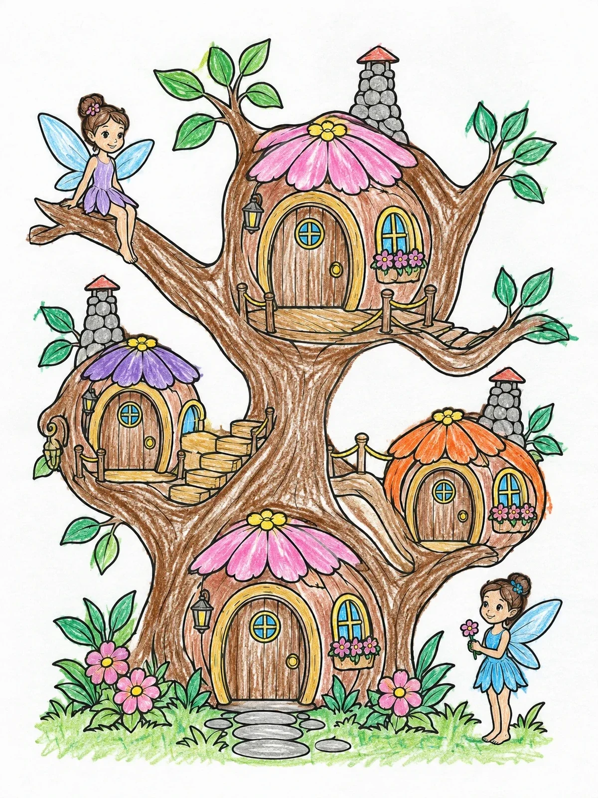 Colored example of the Fairy Village In A Great Oak Tree coloring page