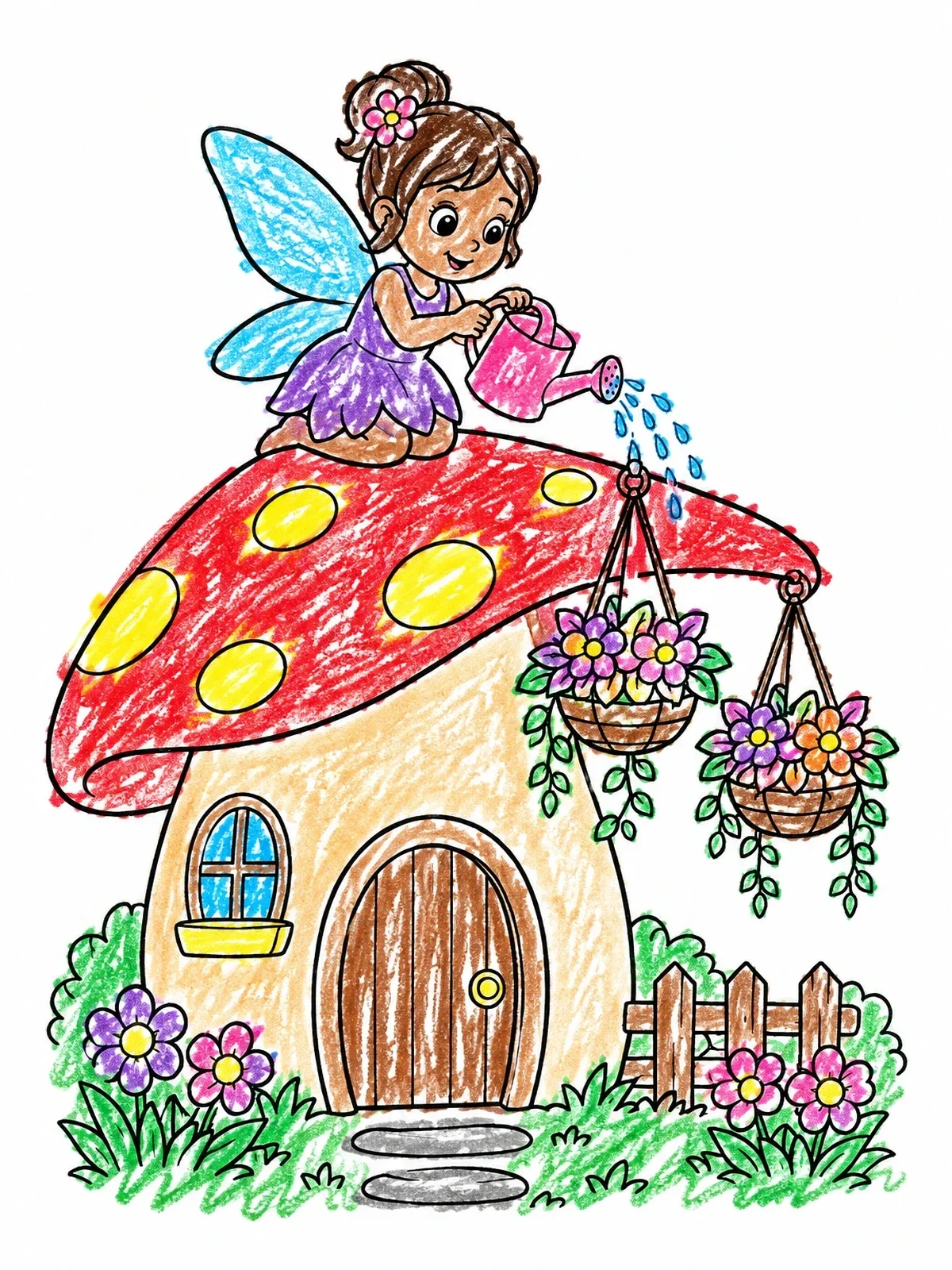 Colored example of the Fairy Watering Hanging Baskets On Mushroom House coloring page