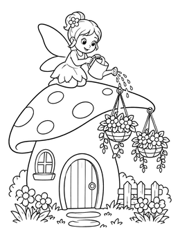 Free printable Fairy Watering Hanging Baskets On Mushroom House coloring page