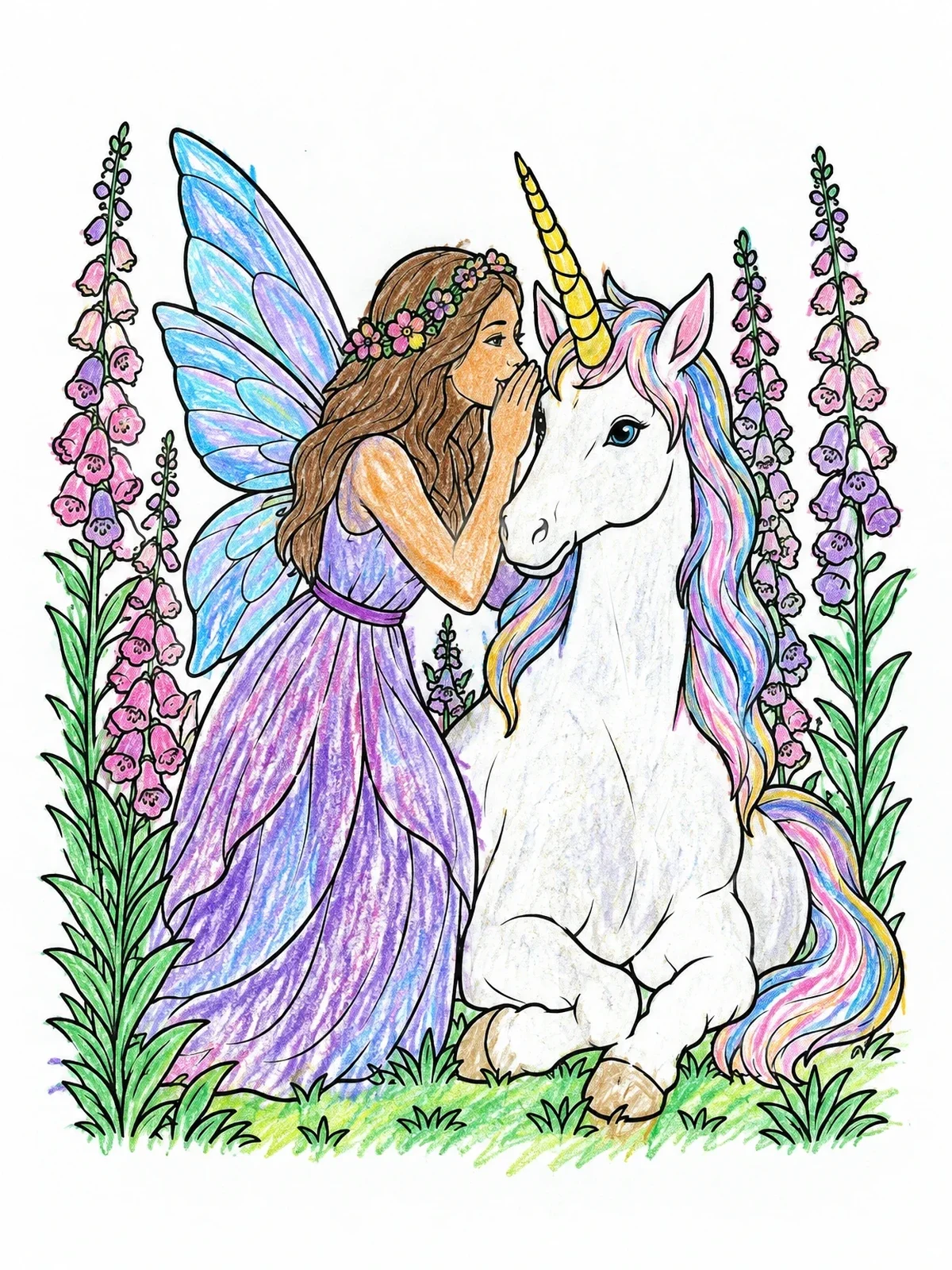 Colored example of the Fairy Whispering To Seated Unicorn coloring page