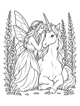 A fairy coloring page showing a winged maiden whispering to a resting unicorn amid tall flowers.