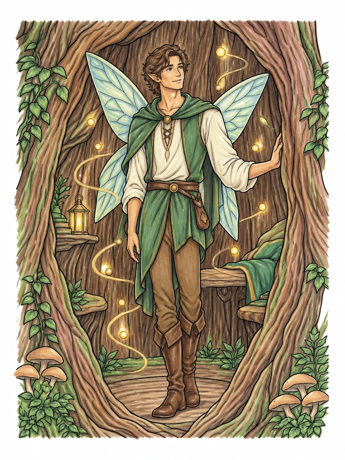 Colored example of the Winged Elf Inside Hollow Tree coloring page