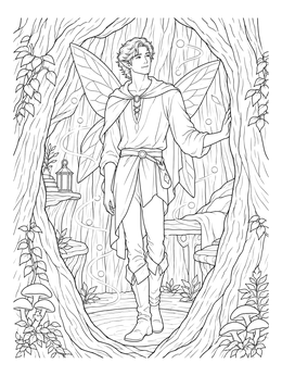 Male elf with wings in a fairy coloring page inside a tree.