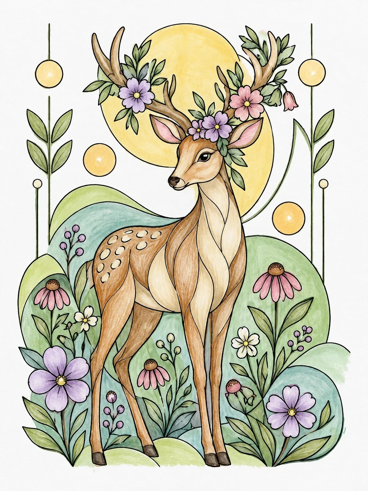 Colored example of the Woodland Deer With Floral Antlers coloring page