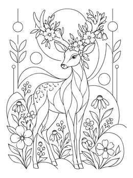 A magical fairy coloring page featuring an elegant deer with blossoming floral antlers in nature.