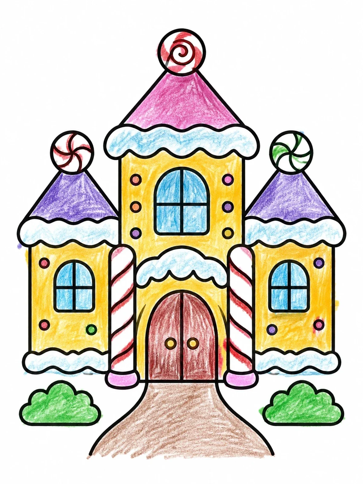 Colored example of the Fairytale Candy Mansion coloring page
