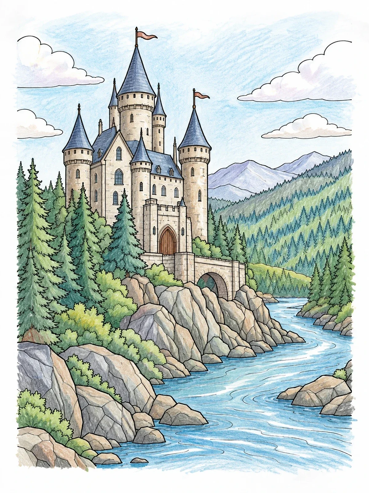 Colored example of the Fairytale Castle Above Rocky River coloring page