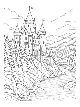 Detailed castle coloring page showing a stone fortress perched over a winding river and pine forest.
