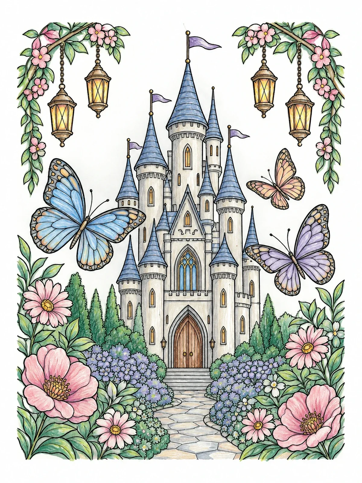 Colored example of the Fairytale Castle Garden With Butterflies coloring page
