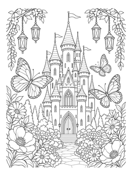 Detailed castle coloring page surrounded by blooming flowers, hanging lanterns, and large butterflies.
